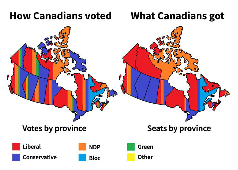 map comparing how we voted and what we got with first past the post