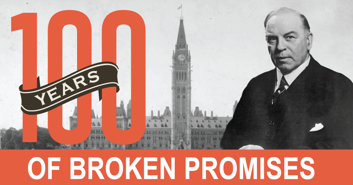 Picture of Parliament, words 100 years of broken promises (on proportional voting)