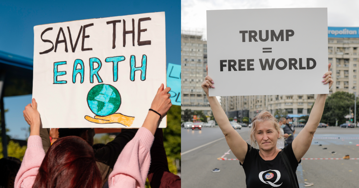 two pictures of protesters holding signs pro far right and pro climate