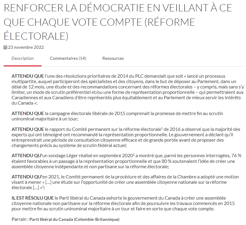 Electoral Reform in Canada: Resolution for a National Citizens' Assembly on Electoral Reform in Canada going to Liberal Party convention 2023