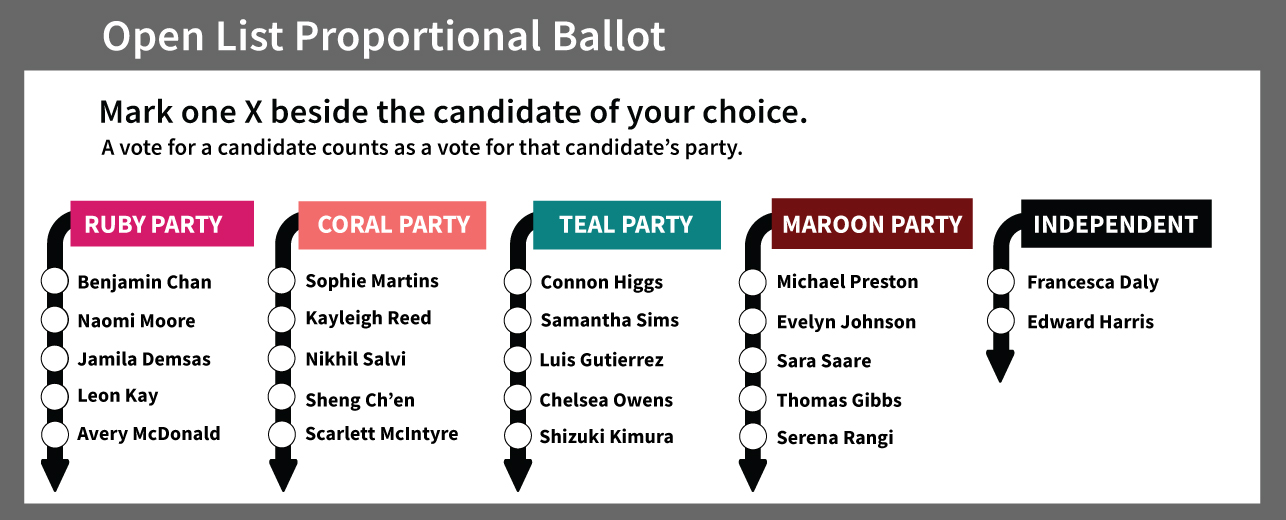 Open List Proportional Representation example ballot