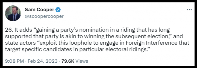 tweet from Sam Cooper about CSIS report saying that foreign interference targeted to ridings where winning the nomination means winning the seat