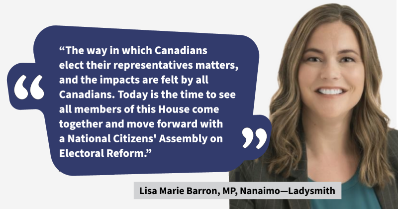MP Lisa Marie Barron in the House of Commons debating Motion M-86 for a National Citizens' Assembly on Electoral Reform