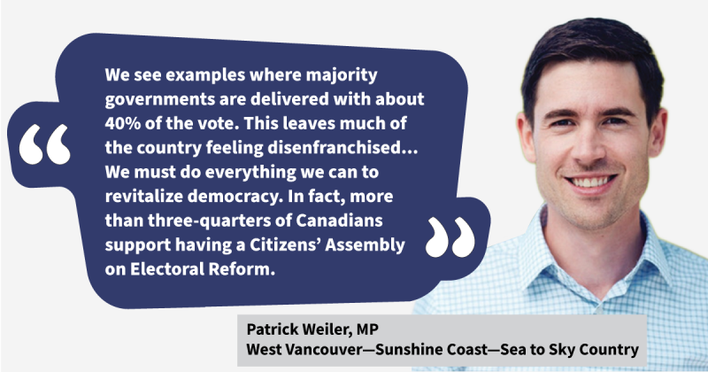 MP Patrick Weiler in the House of Commons debating Motion M-86 for a National Citizens' Assembly on Electoral Reform